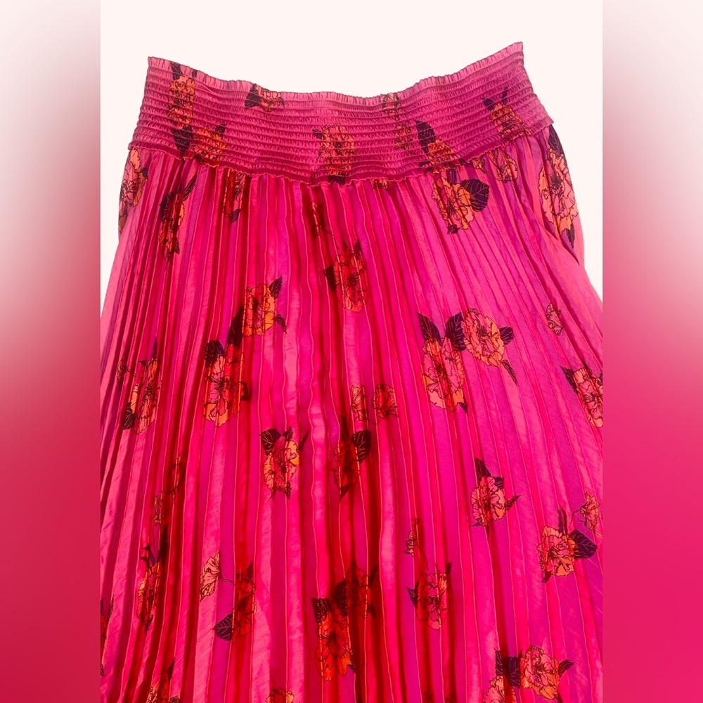 Large Banana Republic Floral Satin Pleated Midi Skirt Size Hot Pink, Flowy - Picture 5 of 13